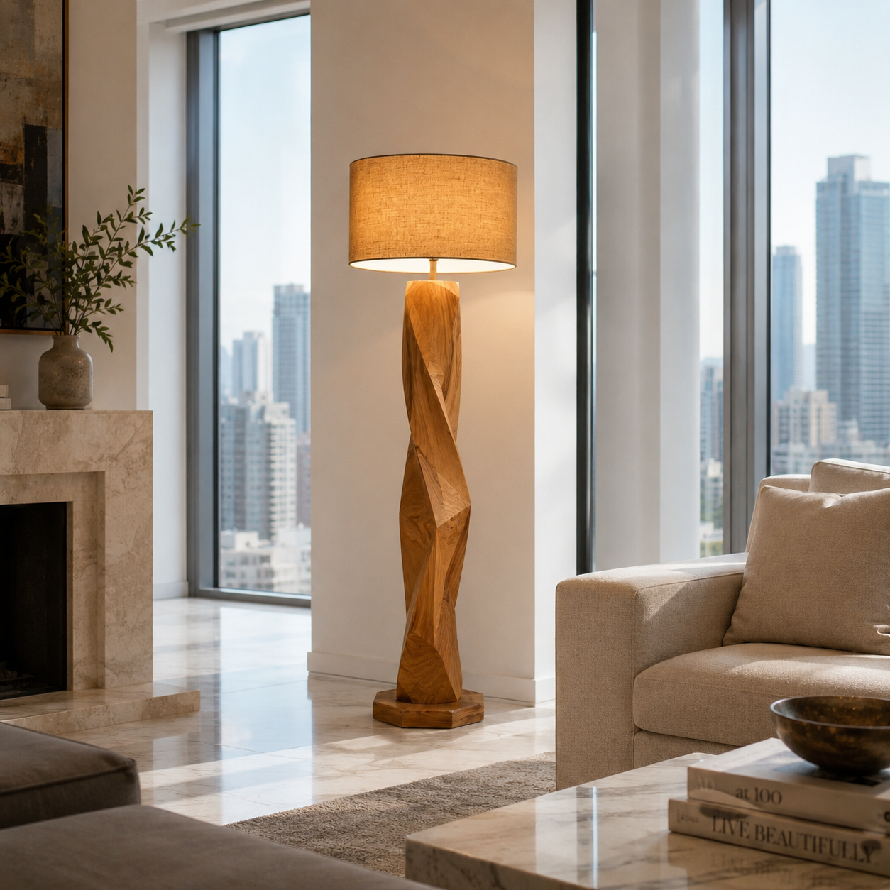 Geometric Wood Floor Lamp – Solid Wood Standing Lamp with Fabric Shade for Living Room Decor