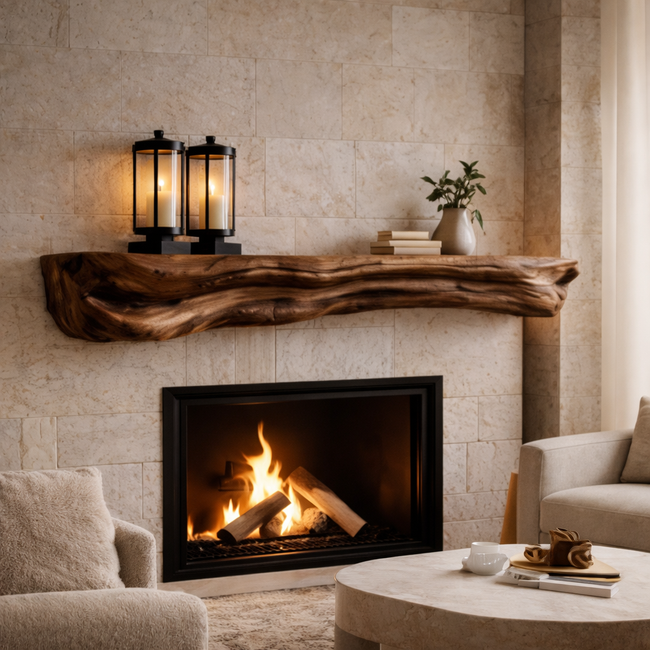 Live Edge Mantel Shelf – Rustic Solid Wood Fireplace Shelf Hover Image