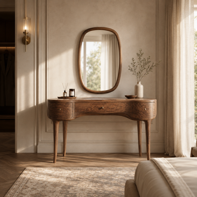 Makeup Vanity Table – Solid Wood Vanity with Oval Mirror Hover Image