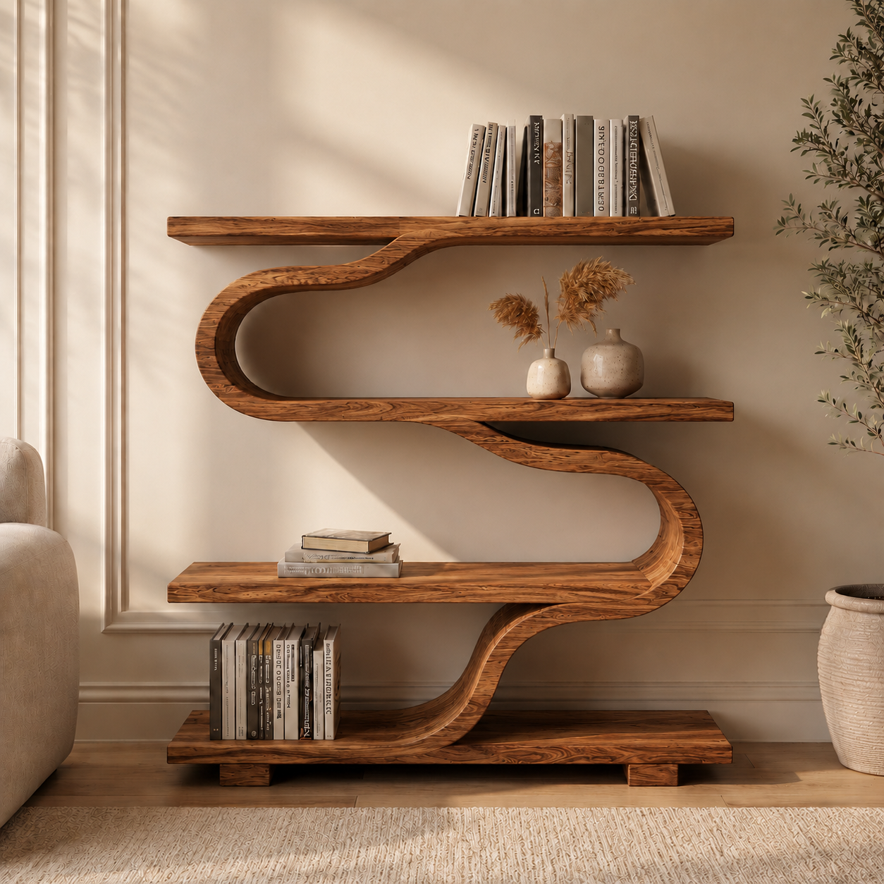 S-Shaped Bookcase – Sculptural Solid Wood Shelf for Living Room