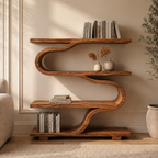 S-Shaped Bookcase – Sculptural Solid Wood Shelf for Living Room