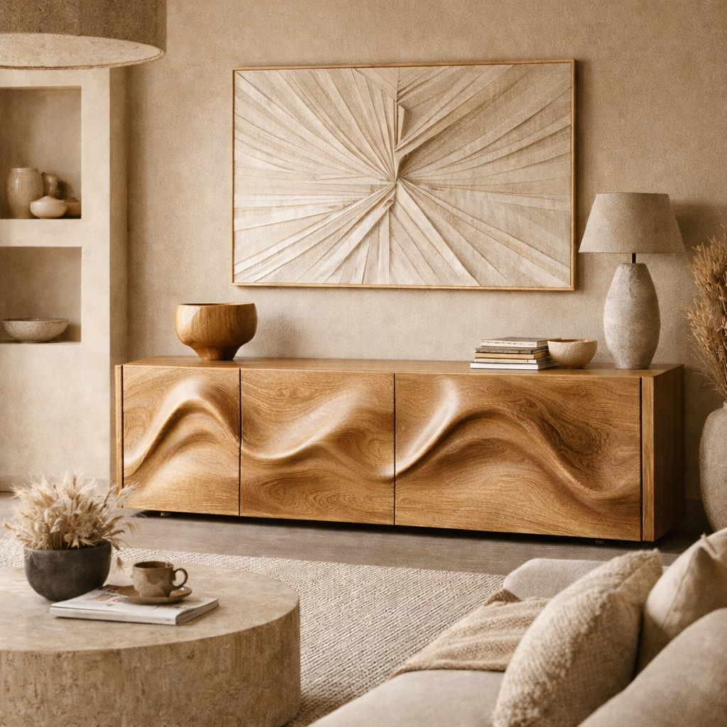 Wave Sideboard Media Console – Sculptural Solid Wood Storage Cabinet for Luxury Living Room
