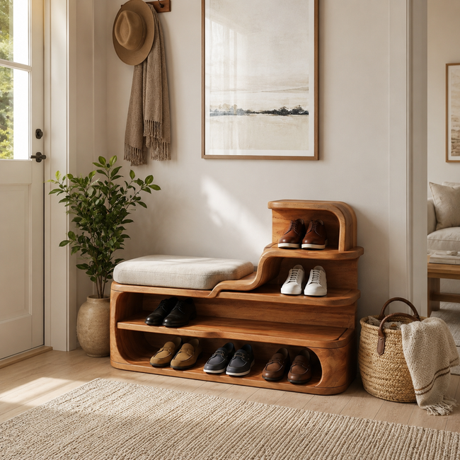 Wood Shoe Bench with Storage – Solid Wood Entryway Shoe Rack Bench with Cushion Main Image