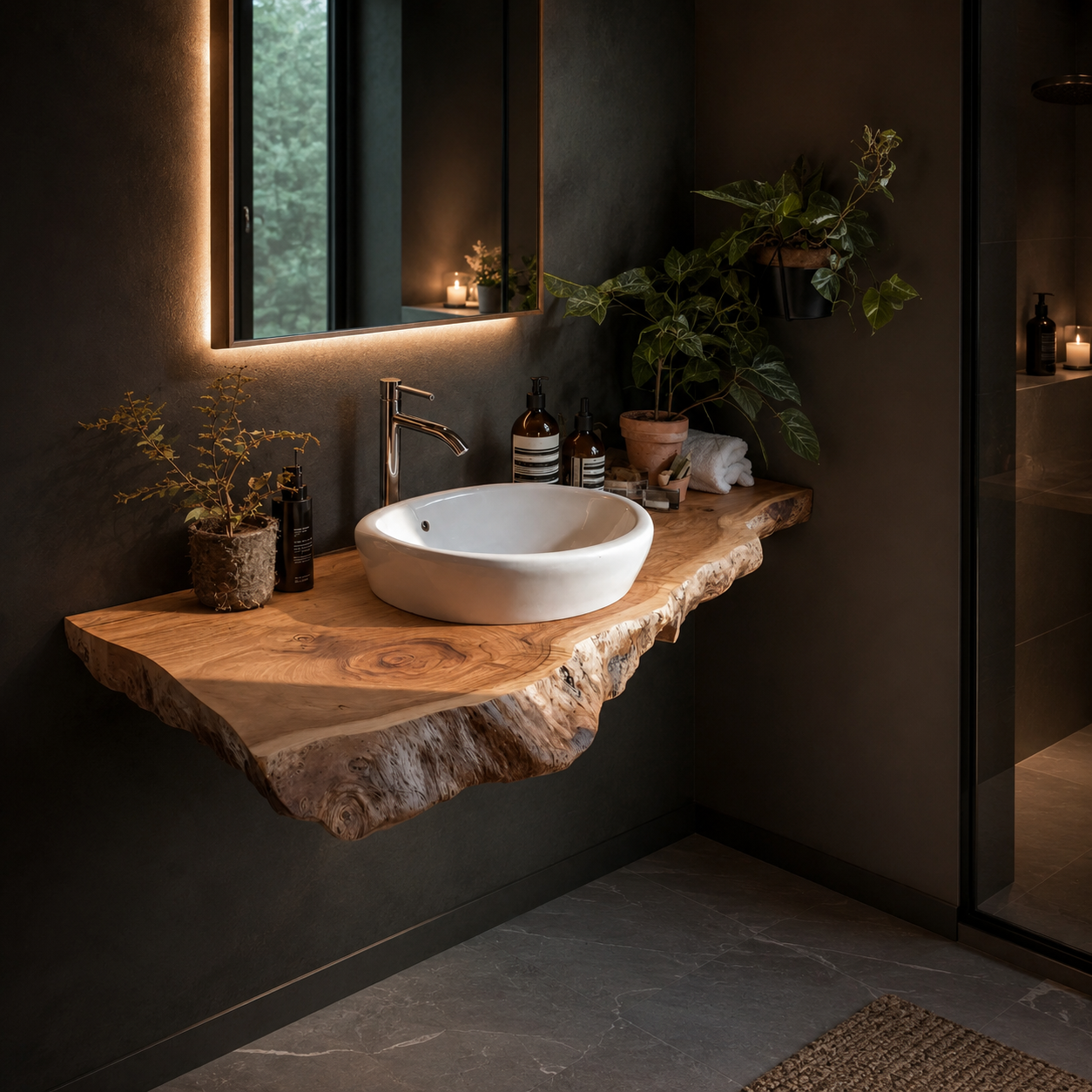 Live Edge Wood Floating Vanity – Solid Wood Wall Mounted Sink Console for Bathroom Decor