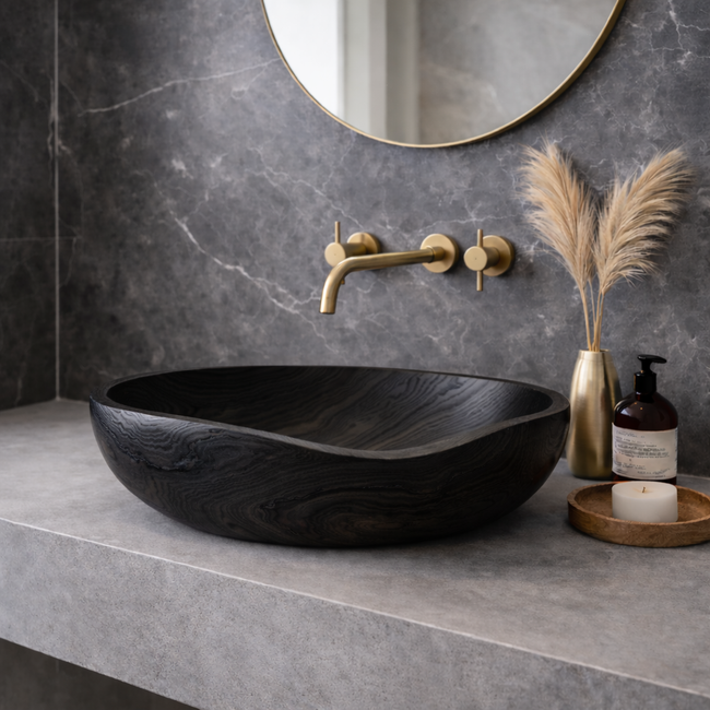 Handcrafted Wooden Round Sink - Elegant Bathroom Wash Basin Main Image