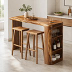 Live Edge Wood Bar Table Set – Solid Wood Home Bar Counter with Storage Shelves and Stools