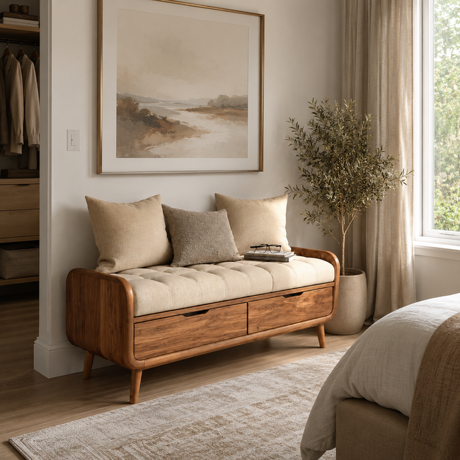 Wood Storage Bench with Cushion – Solid Wood Entryway Bench with Drawers for Home Decor Main Image