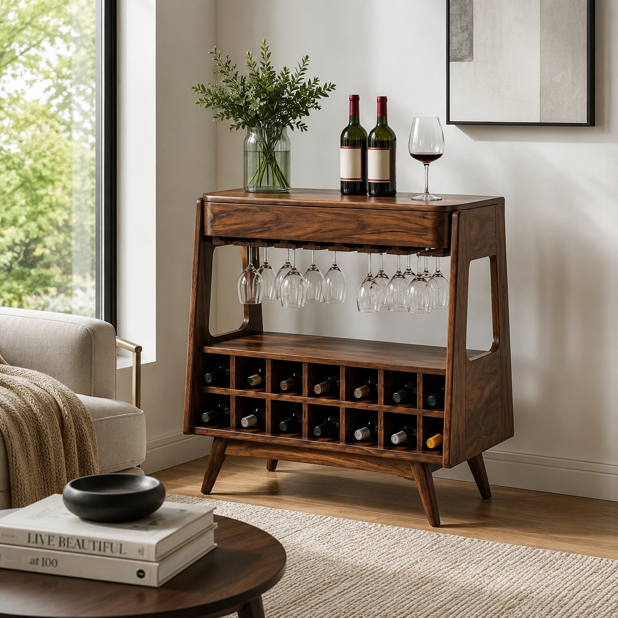 Wood Wine Rack Cabinet – Solid Wood Bar Storage Stand for Dining Room Decor
