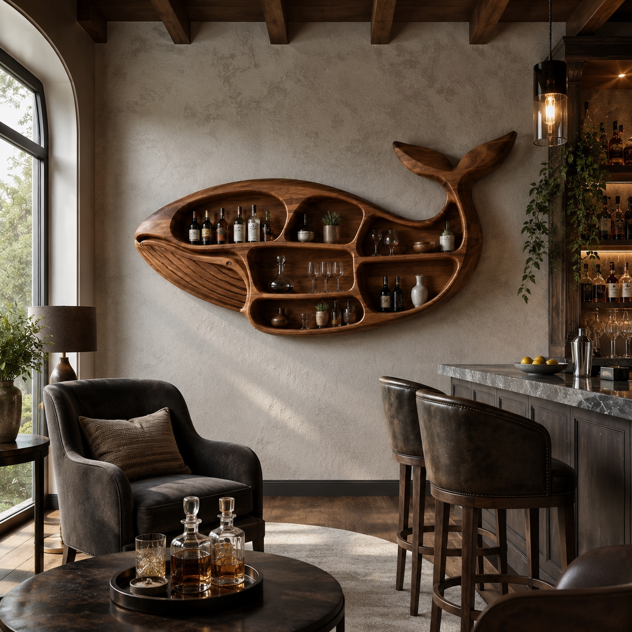 Whale Shaped Wood Wall Shelf – Solid Wood Display Shelf for Dining Room and Home Bar Decor