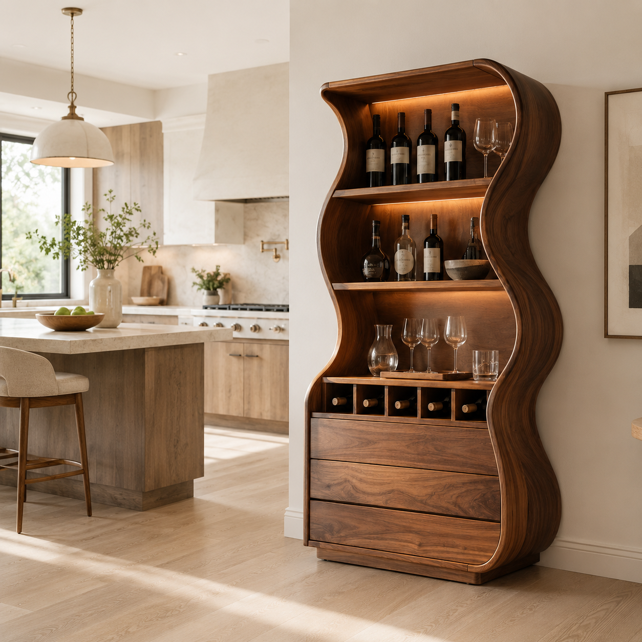 Wine Cabinet – Solid Wood Storage Cabinet with Curved Design