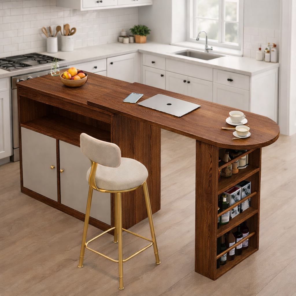 Multi-Functional Wooden Kitchen Island with Storage & Seating | Modern Space-Saving Counter Table