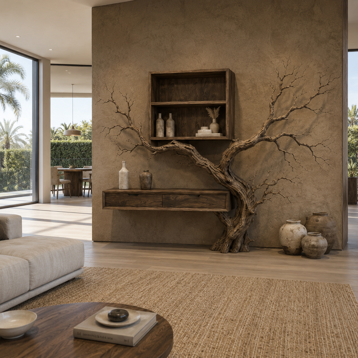 Tree Branch Wood Wall Console – Solid Wood Floating Cabinet with Sculptural Branch Shelf