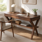 Solid Wood Writing Desk – Wooden Office Desk with Lower Storage Shelf for Home Office Decor