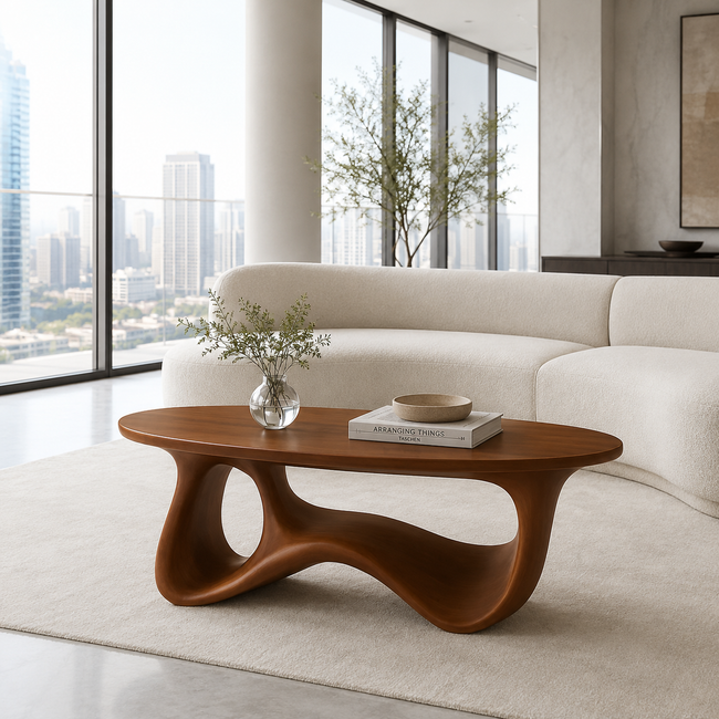 Sculptural Wave Wooden Coffee Table – Modern Curved Design Main Image