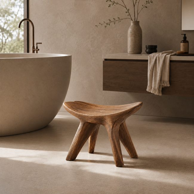 Saddle Wood Bathroom Stool – Solid Wood Low Accent Seat for Spa Decor Main Image