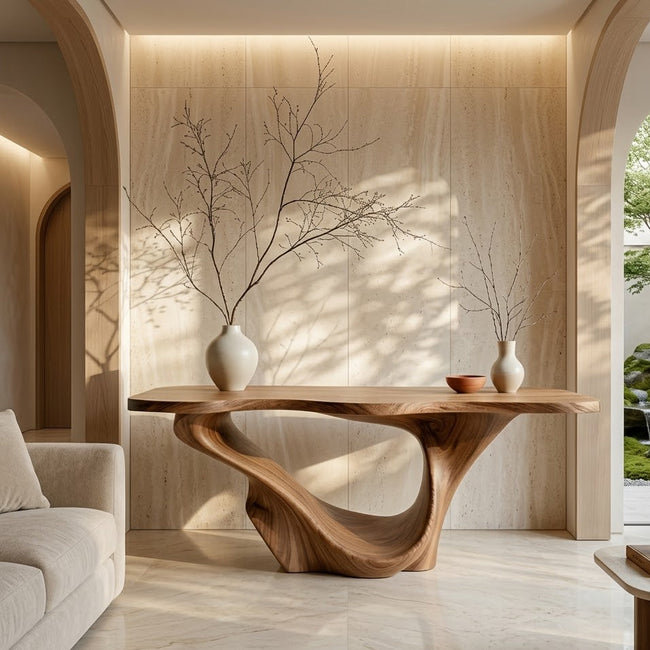 Sculptural Console Table – Solid Wood Entryway Table with Curved Base Hover Image