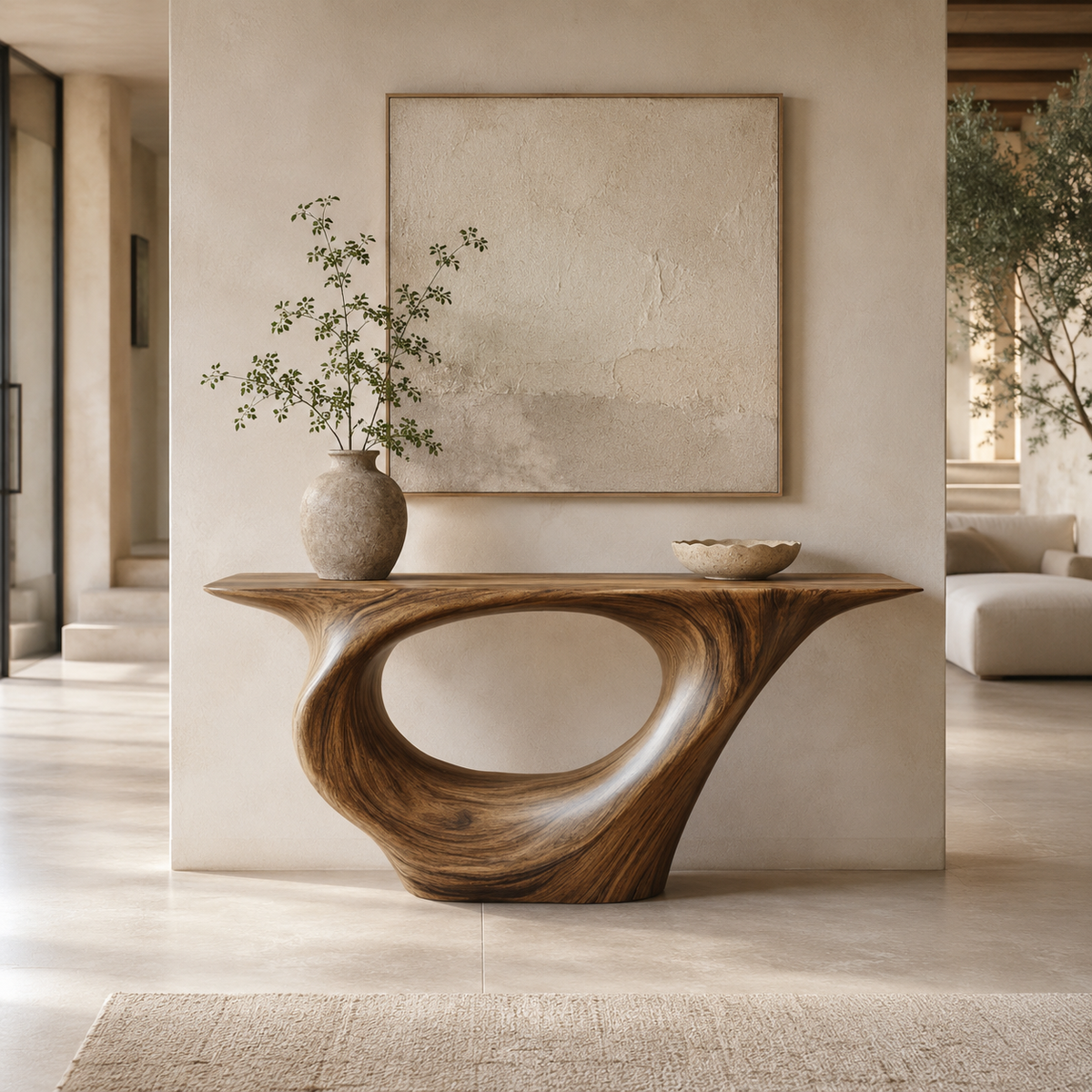 Sculptural Console Table – Solid Wood Entryway Table with Round Mirror