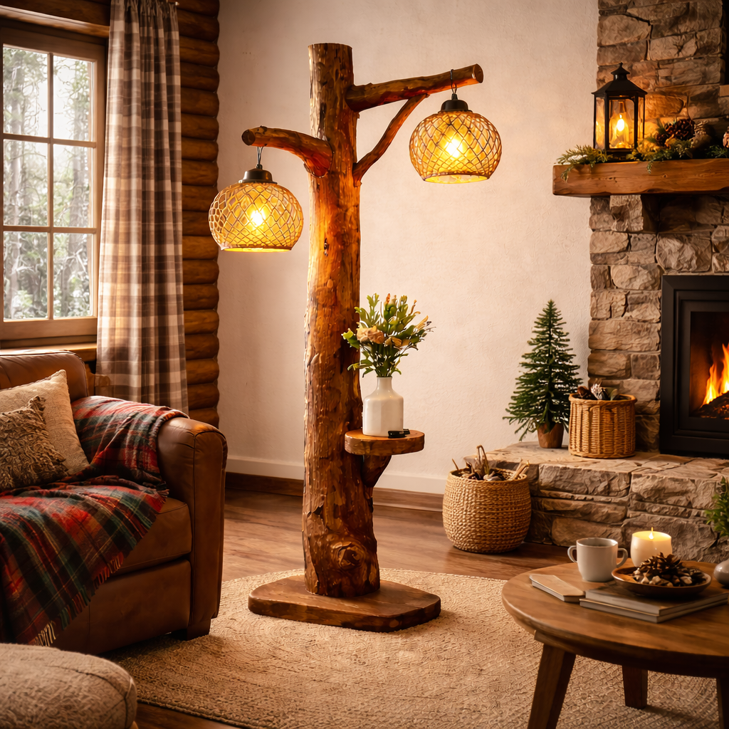 Tree Trunk Floor Lamp – Rustic Wood Standing Light with Hanging Bulbs for Living Room Decor