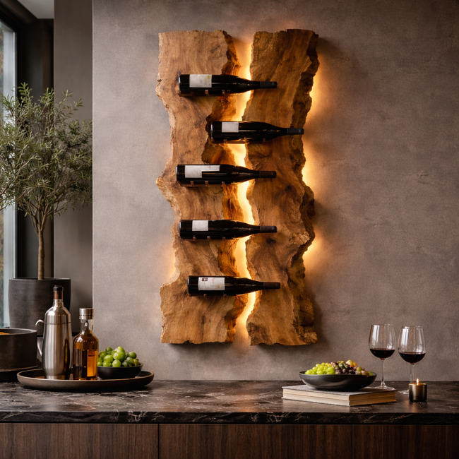 Modern Sculptural Wooden Wine Wall Rack with LED Lighting – Vertical Solid Wood Wall Mounted Wine Bottle Holder Hover Image