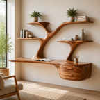 Tree Branch Wood Floating Desk – Solid Wood Wall Mounted Desk with Display Shelves for Home Office Decor