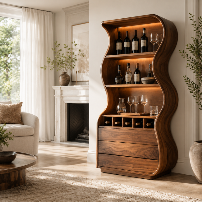 Wine Cabinet – Solid Wood Storage Cabinet with Curved Design Main Image