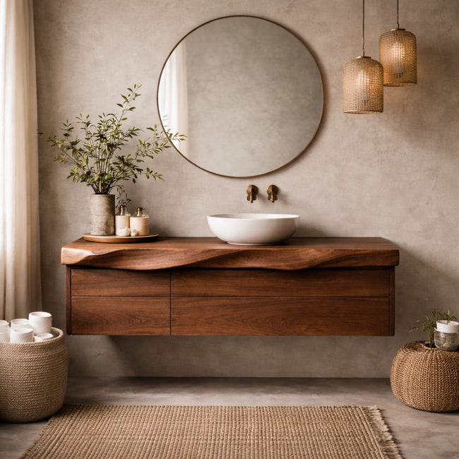 Floating Bathroom Vanity – Solid Wood Vanity with Sculpted Front Hover Image