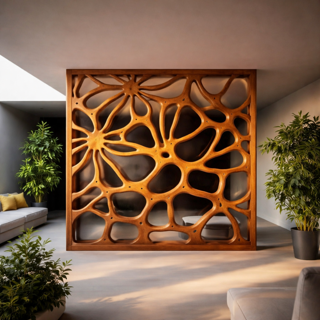 Carved Wooden Divider – Modern Natural Room Divider Screen