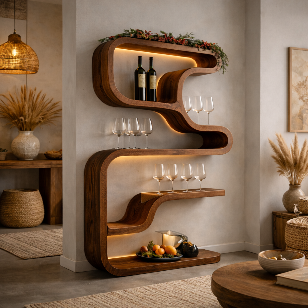 S-Shaped Floating Shelf – Solid Wood Wall Shelf with Storage