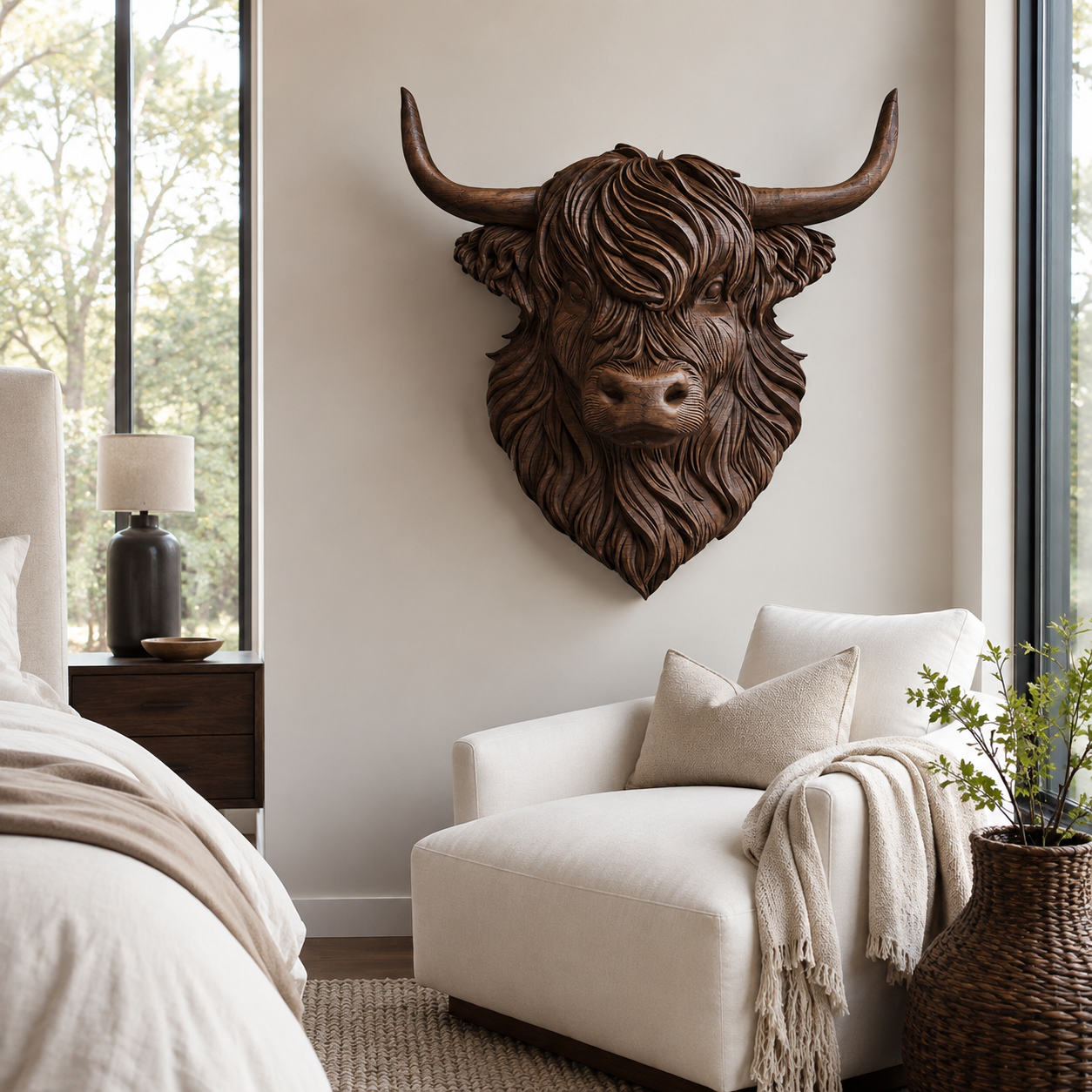 Highland Cow Wood Wall Art – Solid Wood 3D Animal Head Sculpture for Living Room Decor