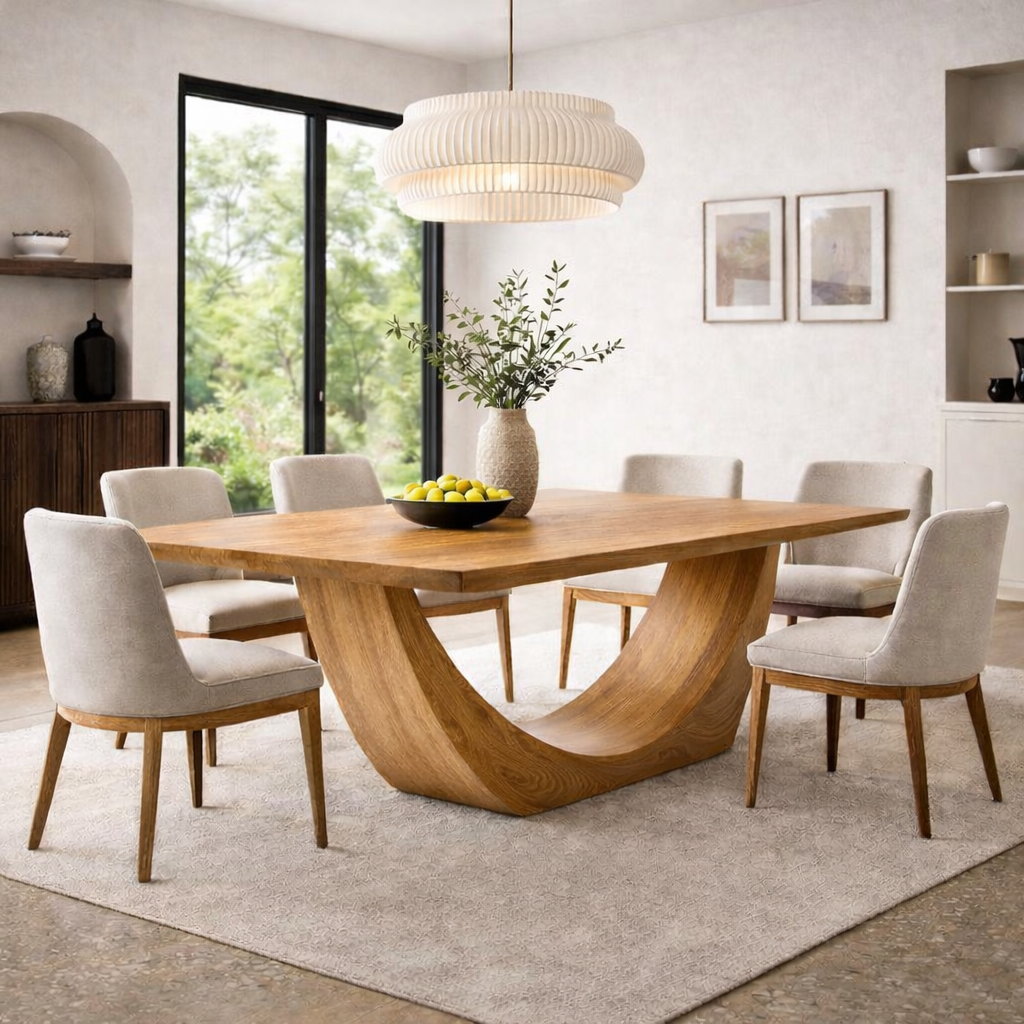 Modern Solid Wood Dining Table with Sculptural Base | Contemporary Statement Dining Table