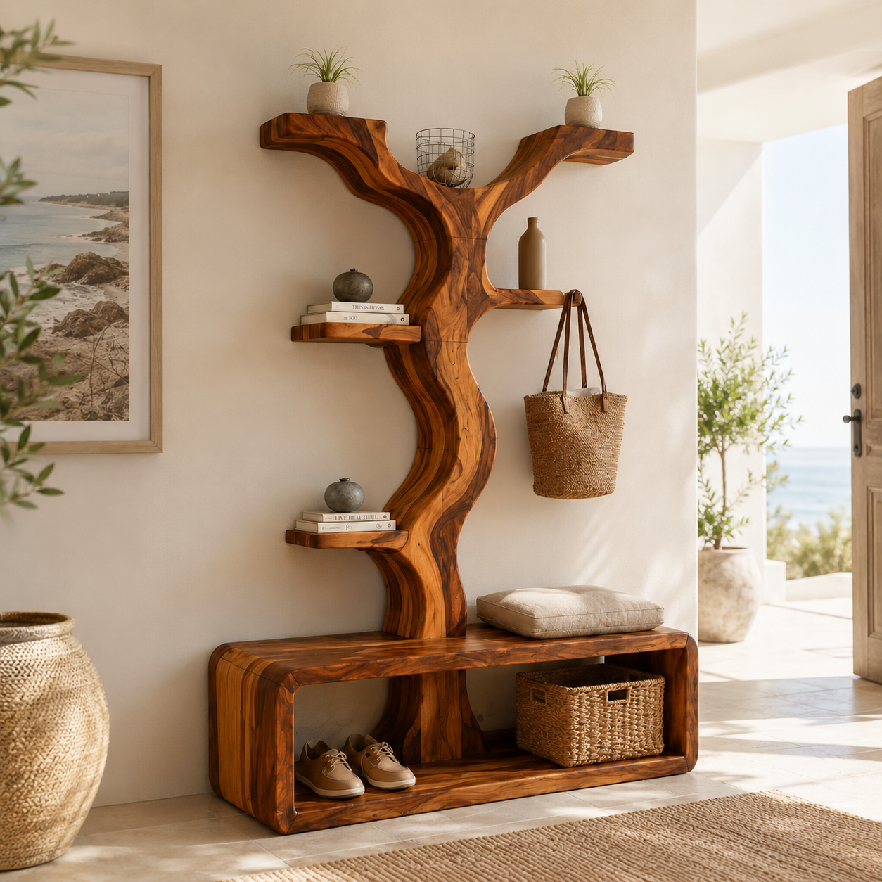 Wave Tree Entryway Hall Tree – Solid Wood Coat Rack Bench with Shelves and Shoe Storage
