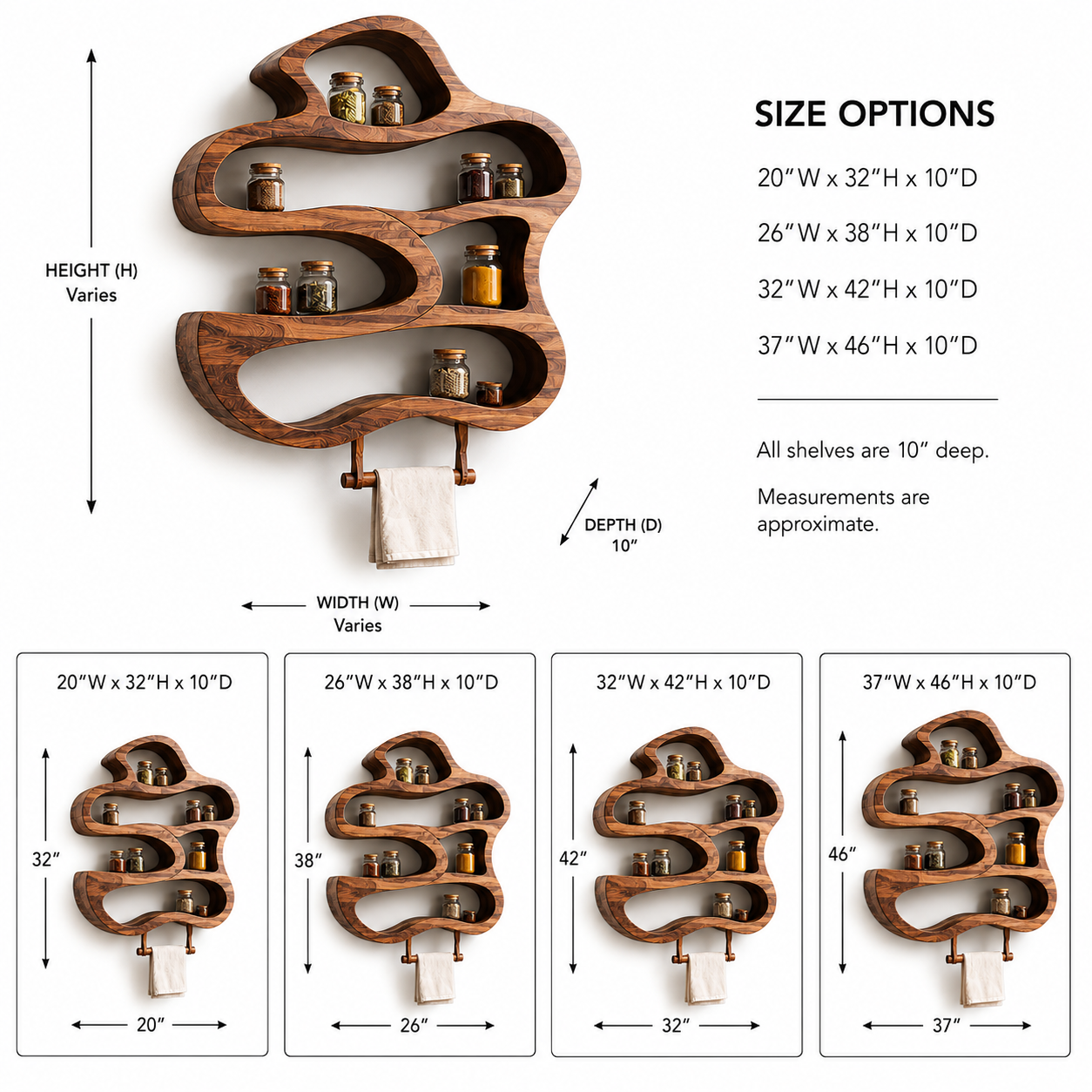 Organic Wood Kitchen Shelf – Solid Wood Wall Mounted Spice Rack for Kitchen Decor