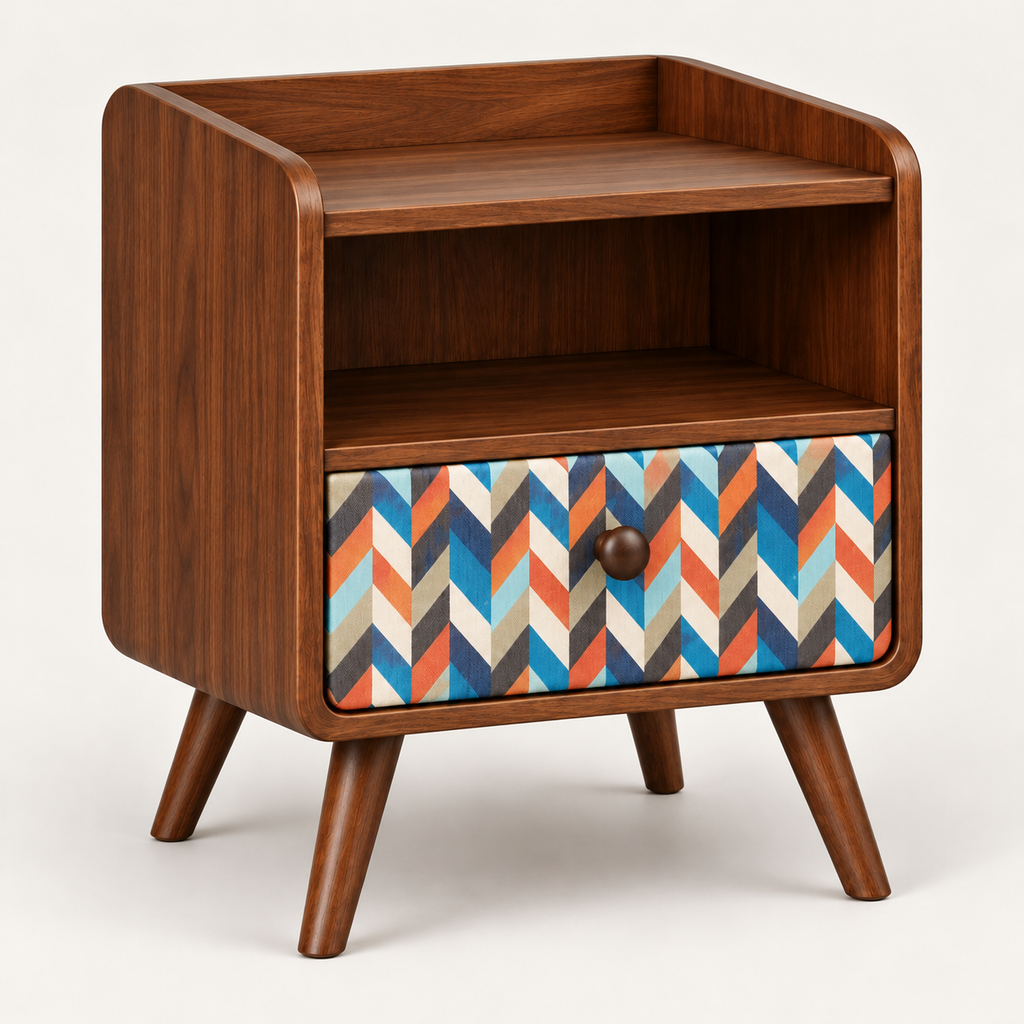 Mid-Century Walnut Nightstand with Geometric Drawer