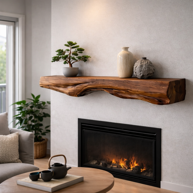 Live Edge Mantel Shelf – Rustic Solid Wood Floating Fireplace Shelf Hover Image