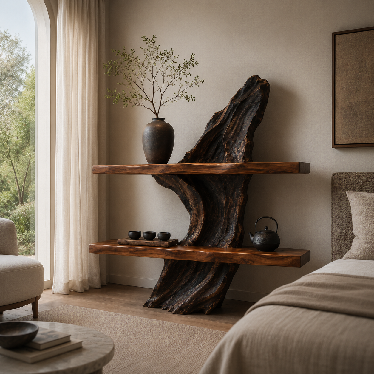 Sculptural Wood Display Shelf – Solid Wood Wall Console with Natural Driftwood Base