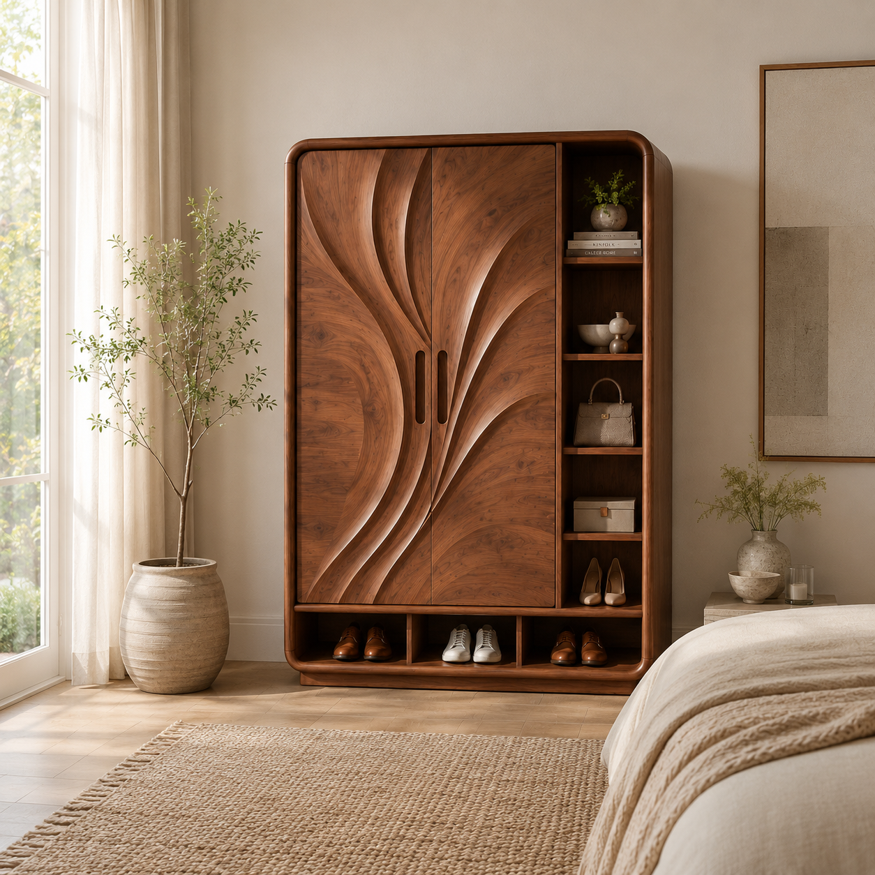 Carved Wood Wardrobe – Solid Wood Storage Cabinet for Bedroom Decor