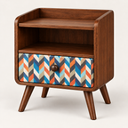 Mid-Century Walnut Nightstand with Geometric Drawer