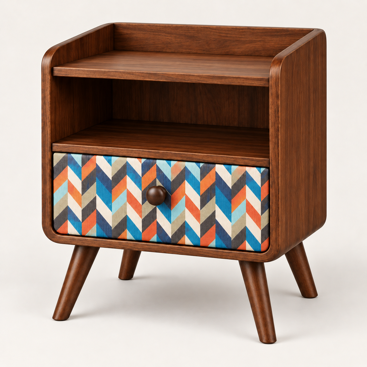 Mid-Century Walnut Nightstand with Geometric Drawer