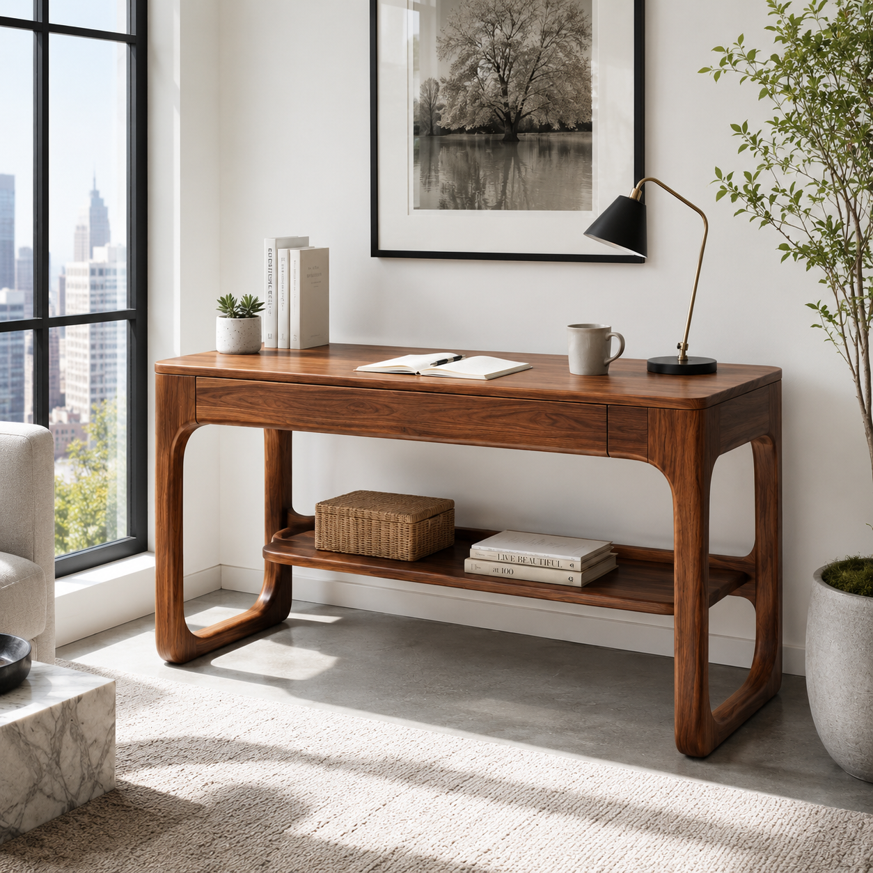 Rounded Wood Writing Desk – Solid Wood Office Desk with Lower Storage Shelf for Home Office Decor
