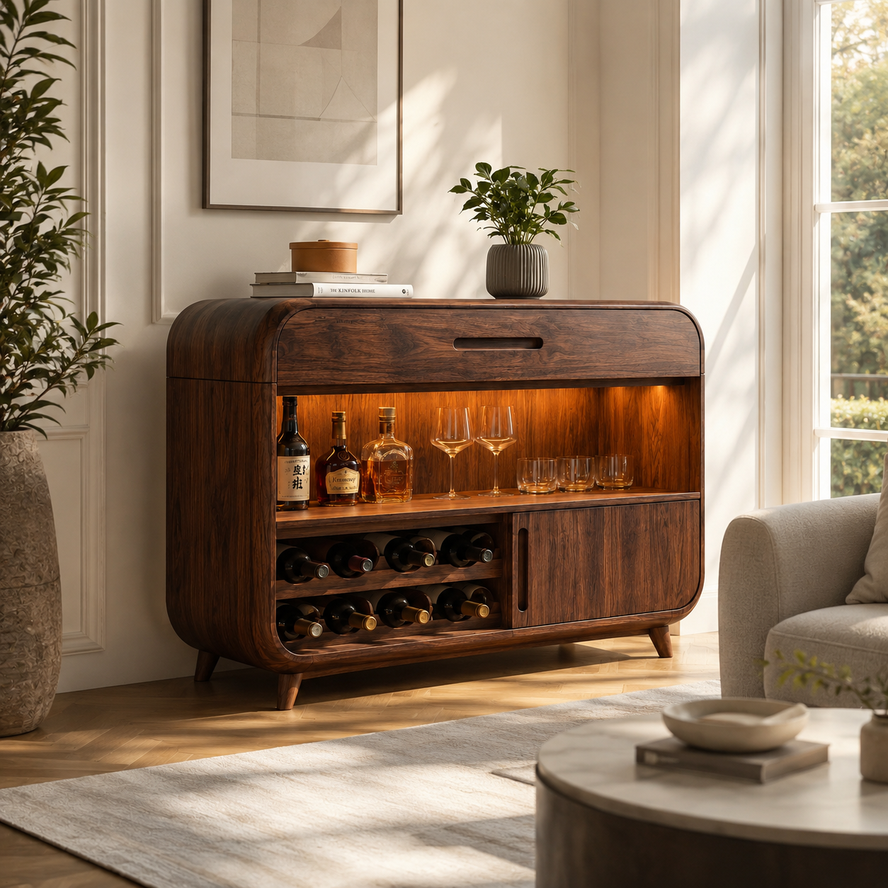 Rounded Wood Bar Cabinet – Solid Wood Wine Storage Cabinet for Living Room Decor