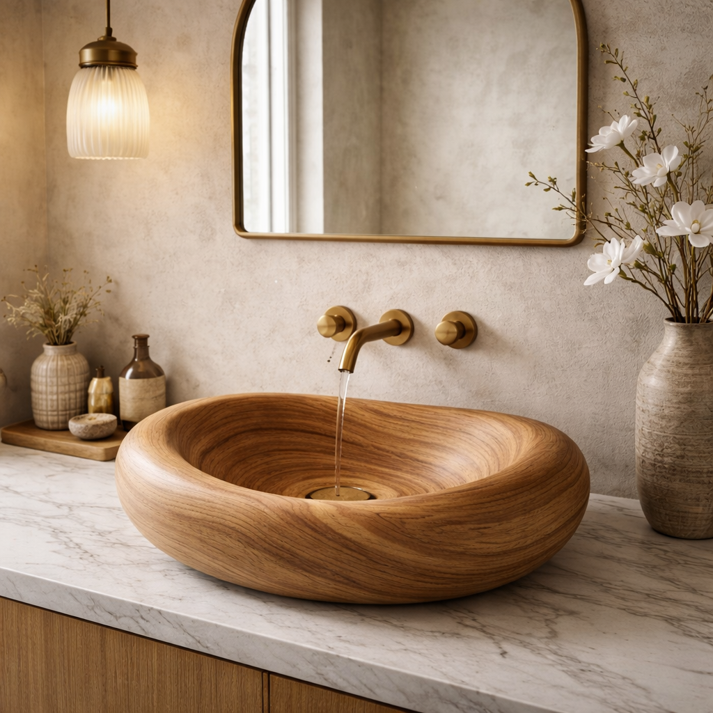 Hand-Carved Solid Wood Vessel Sink – Organic Round Bathroom Basin
