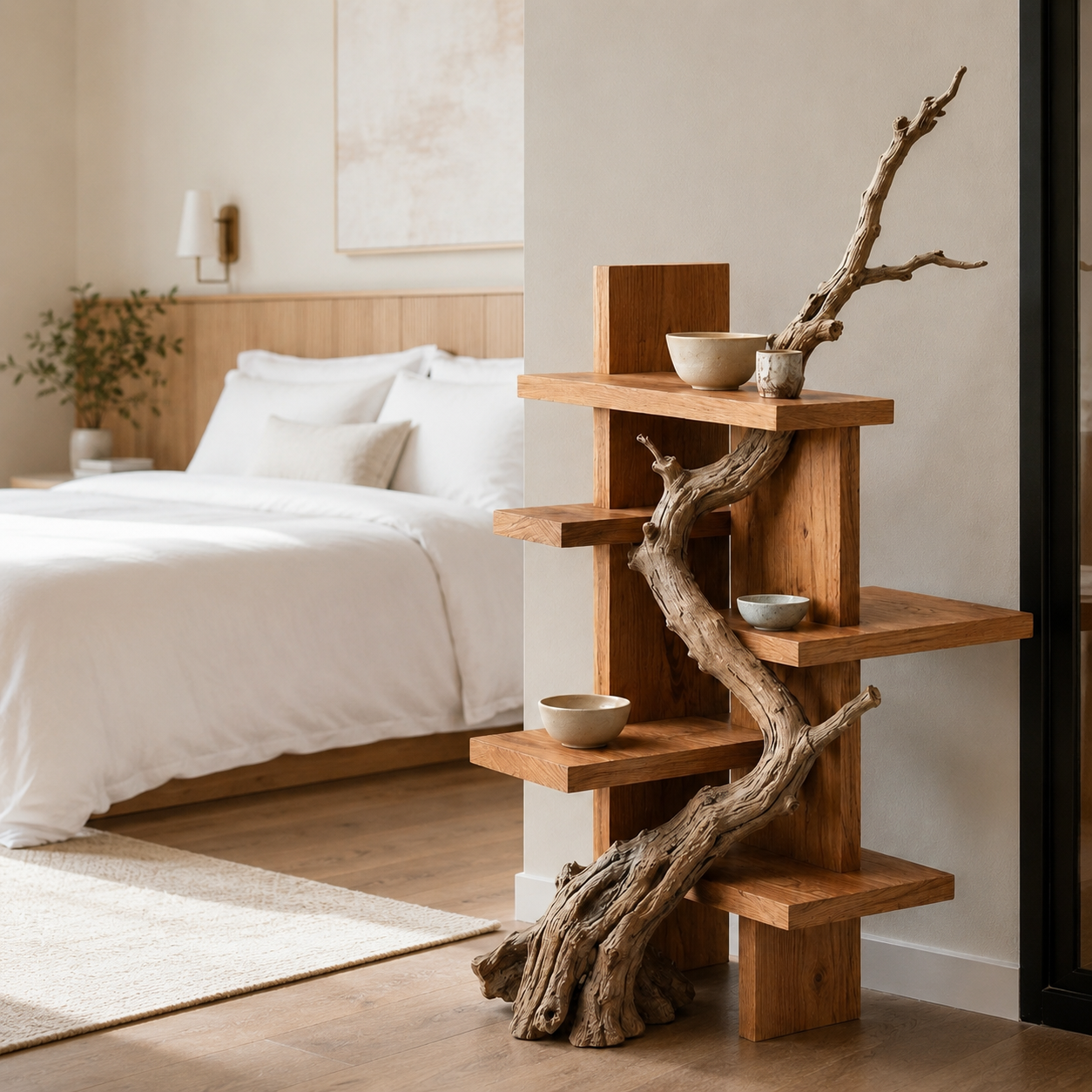 Branch Wood Display Shelf – Solid Wood Standing Shelf with Natural Driftwood Accent