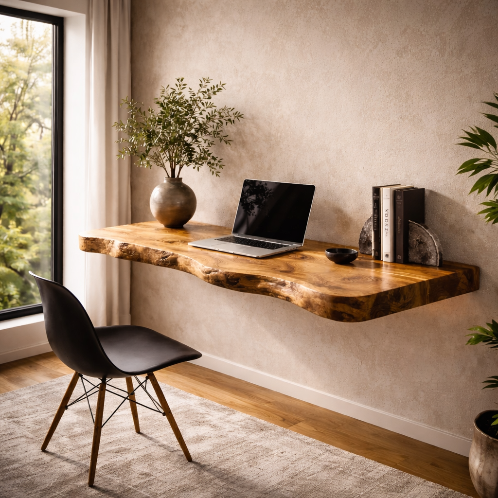 Live Edge Floating Desk – Solid Wood Wall-Mounted Desk for Home Office Decor