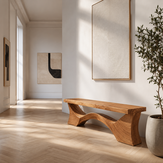 Sculptural Wood Entryway Bench – Solid Wood Hallway Bench with Curved Base for Home Decor Main Image