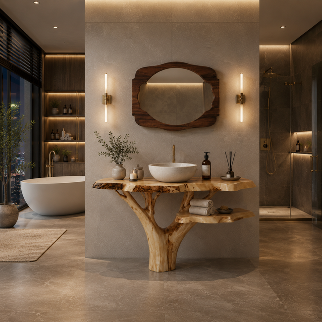 Tree Trunk Bathroom Vanity Wood Base – Handmade Solid Wood Vanity Frame for Luxury Bathroom Decor Hover Image