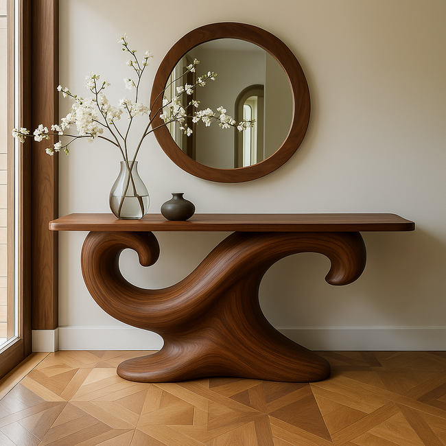Walnut Console Table – Sculptural Wave Entryway Table, Modern Solid Wood Main Image