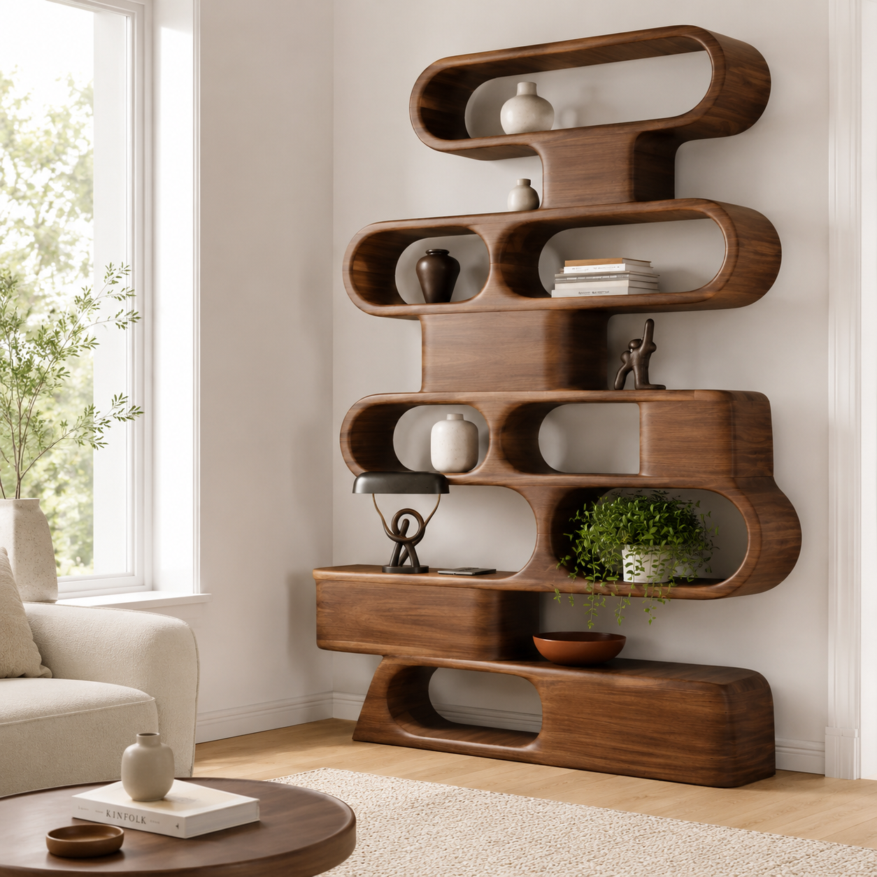 Solid Wood Sculptural Shelving Unit – Organic Wave Design