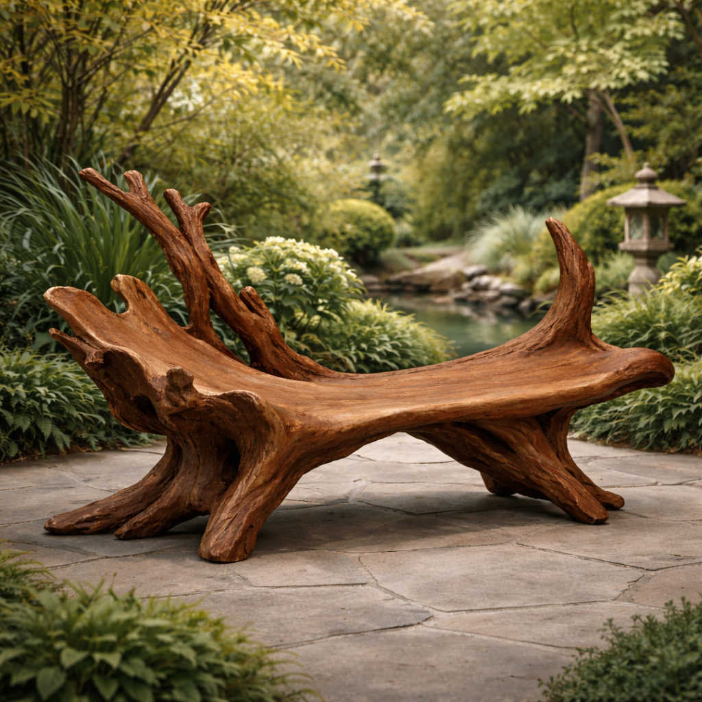 Tree Root Outdoor Bench – Solid Wood Rustic Bench for Patio and Garden Decor