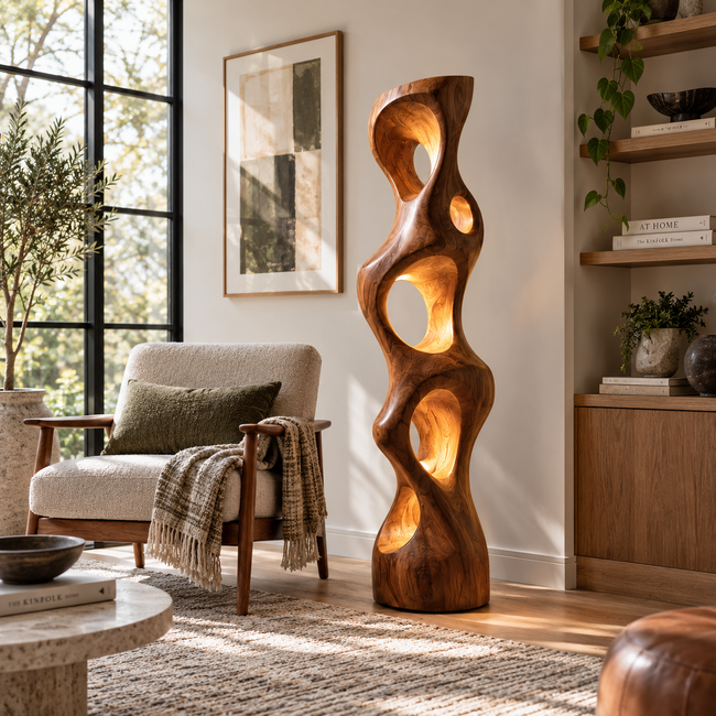 Organic Cutout Sculptural Wood Floor Lamp Main Image
