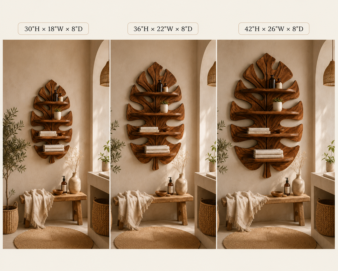 Monstera Leaf Wood Bathroom Shelf – Solid Wood Wall Mounted Display Shelf for Bathroom Decor